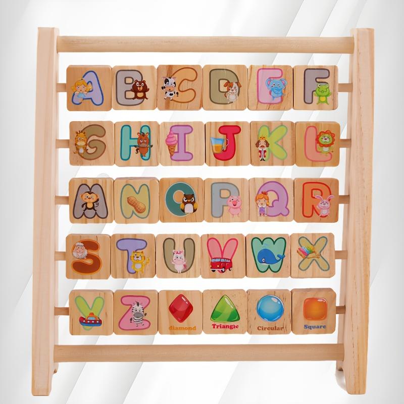 Wooden Flip Frame - Educational Toy with 26 English Letters, Animals & Fruit Cognitive Learning Blocks for Activities