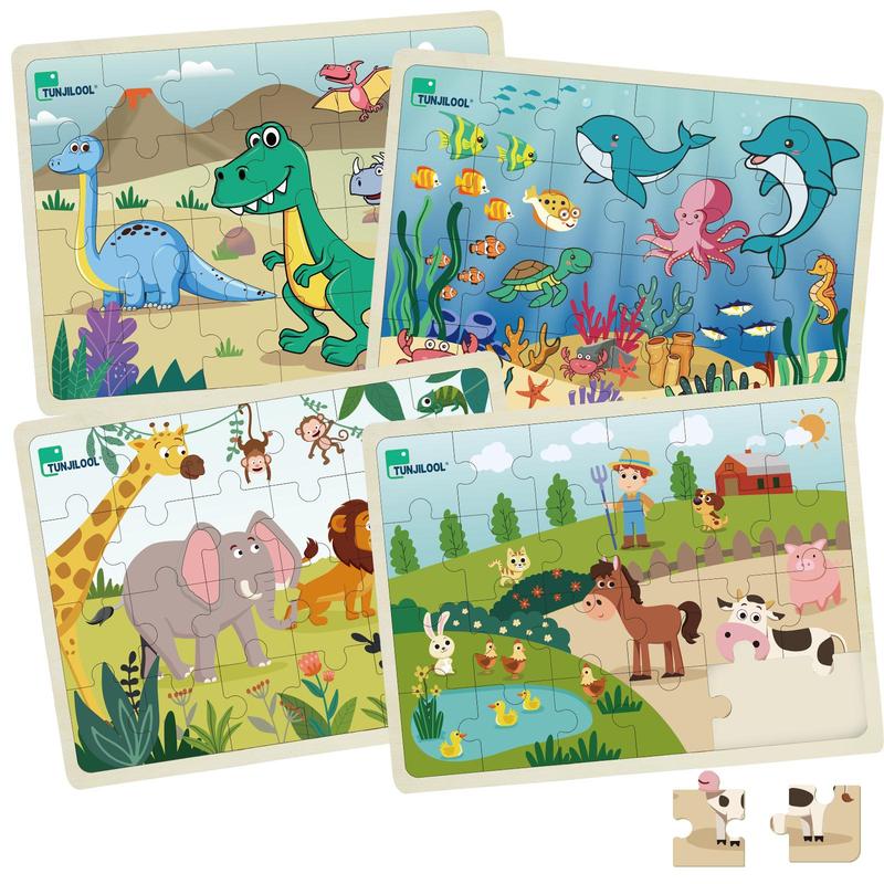 Wooden Jigsaw Puzzle, 4 Counts set Cartoon Animal & Dinosaur & Ocean Pattern Puzzle Toy, Educational Jigsaw Toy for Kids