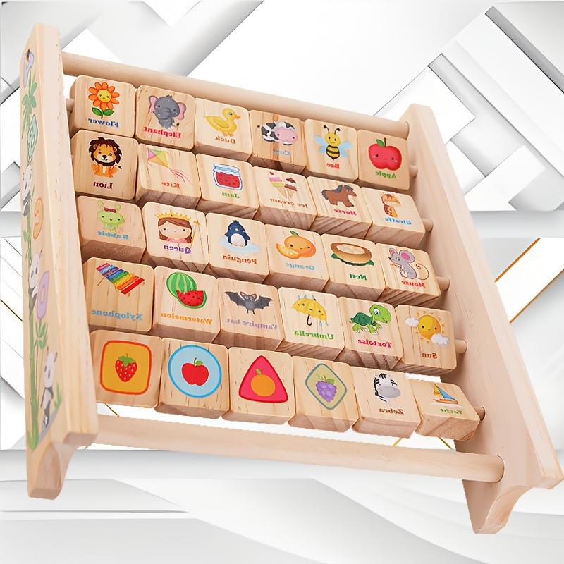 Wooden Flip Frame - Educational Toy with 26 English Letters, Animals & Fruit Cognitive Learning Blocks for Activities