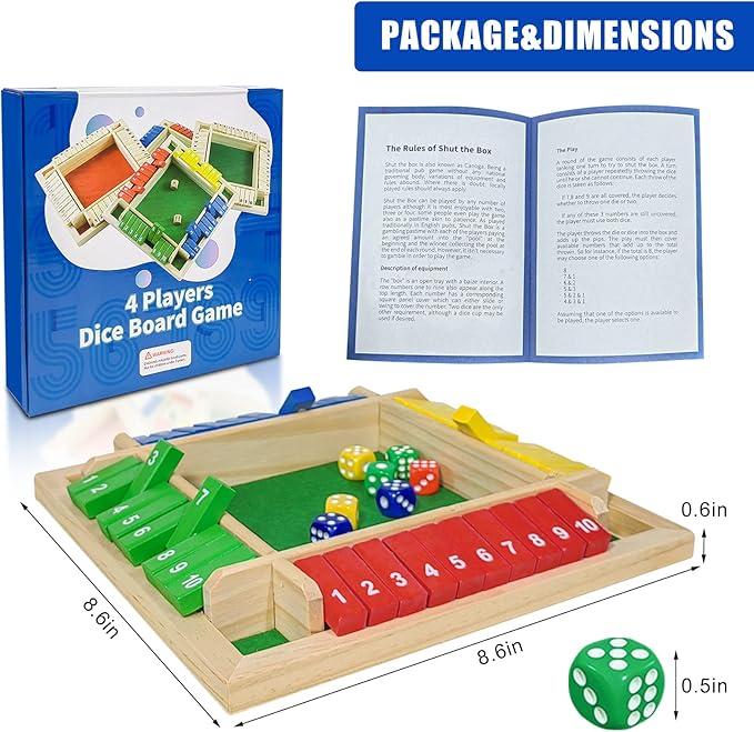 Wooden Closed Box Games (1-4 Players) - Large 4-Sided Board, 8 Dice, Rules - Fun Number Crunching Games For Children And Adults, 12 Inches, Wine Table Puzzle Games, Parent-Child Games