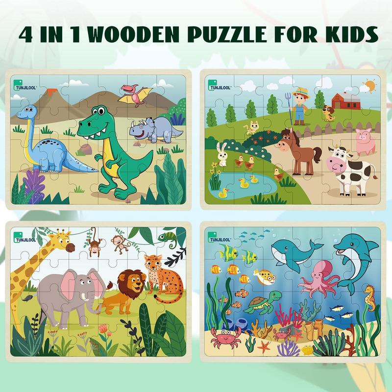 Wooden Jigsaw Puzzle, 4 Counts set Cartoon Animal & Dinosaur & Ocean Pattern Puzzle Toy, Educational Jigsaw Toy for Kids