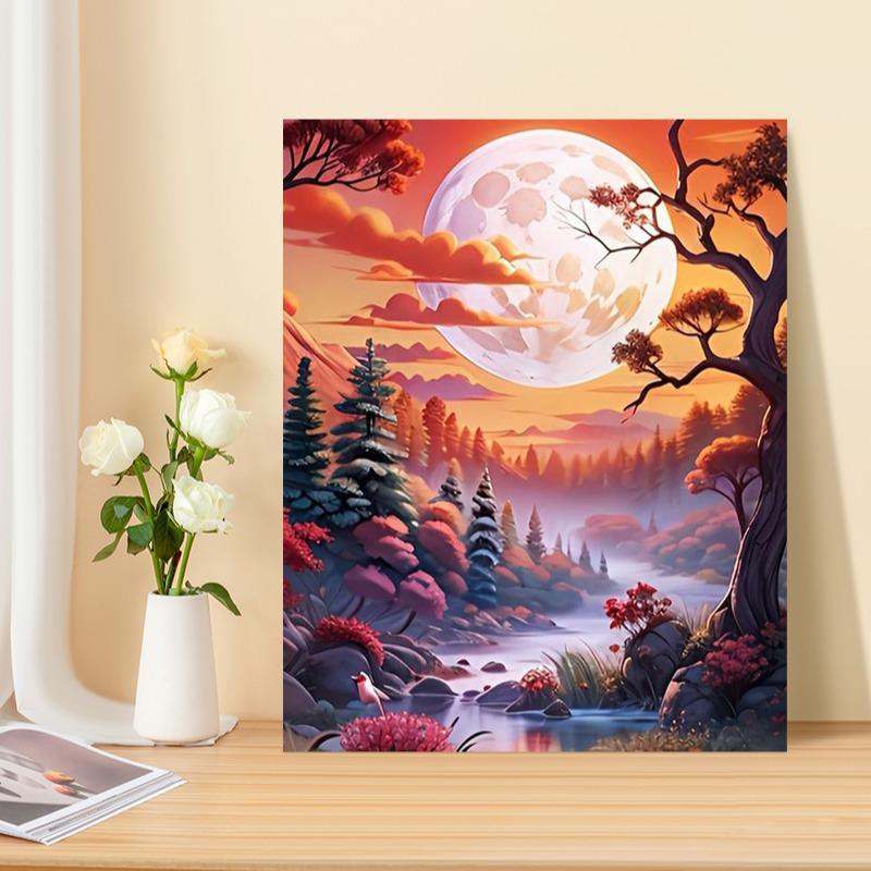 Moon & Forest Pattern DIY Oil Painting Kit without Frame, Aesthetic DIY Acrylic Painting Kit, DIY Decor Painting for Beginner