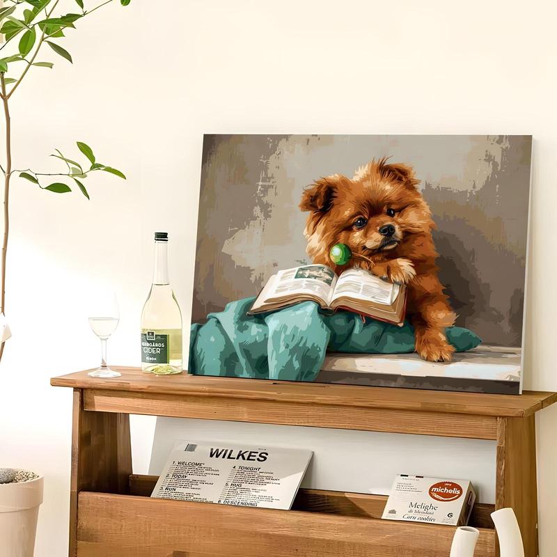 Dog Reading Book Pattern DIY Painting By Numbers Kit without Frame, DIY Paint By Numbers Kit for Beginner, Wall Art Decor for Home Living Room Bedroom