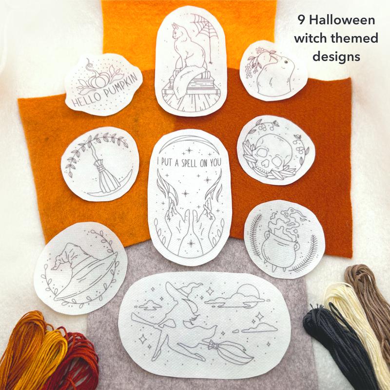 Stick and Stitch Halloween Witch Embroidery Patterns, Water-Soluble Embroidery Designs For Clothing, Bags, Hats, and Wall Art