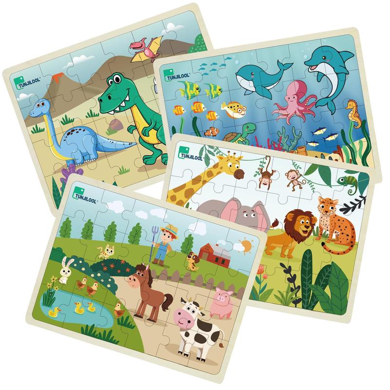 Wooden Jigsaw Puzzle, 4 Counts set Cartoon Animal & Dinosaur & Ocean Pattern Puzzle Toy, Educational Jigsaw Toy for Kids