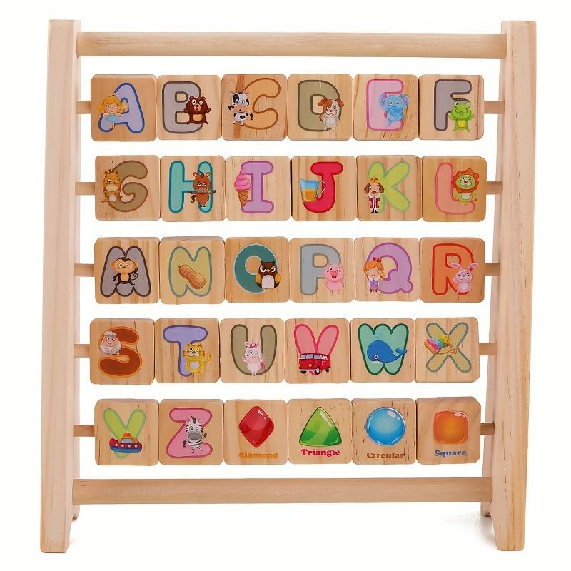 Wooden Flip Frame - Educational Toy with 26 English Letters, Animals & Fruit Cognitive Learning Blocks for Activities