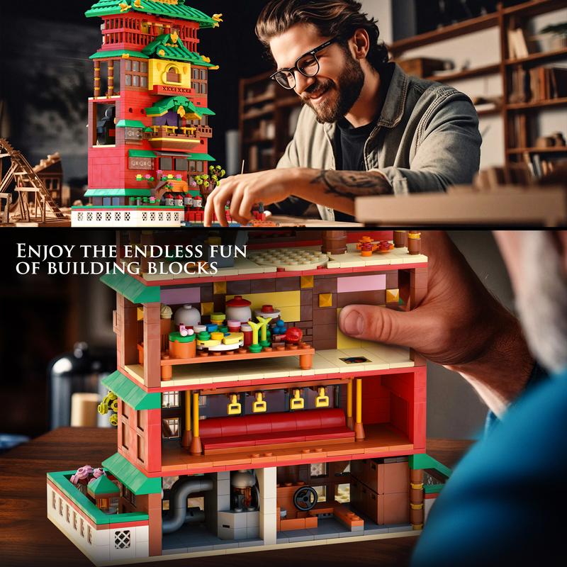 66032,1868 Pieces,5-Story Oilhouse Style Architecture Building Block Set With Bridge connection, BathHouse Street view shop,Collecting and Gifting Model for Anime fans,Home and Bookshelf Decoration,For aged 12 and above,Stress relief toy game fan