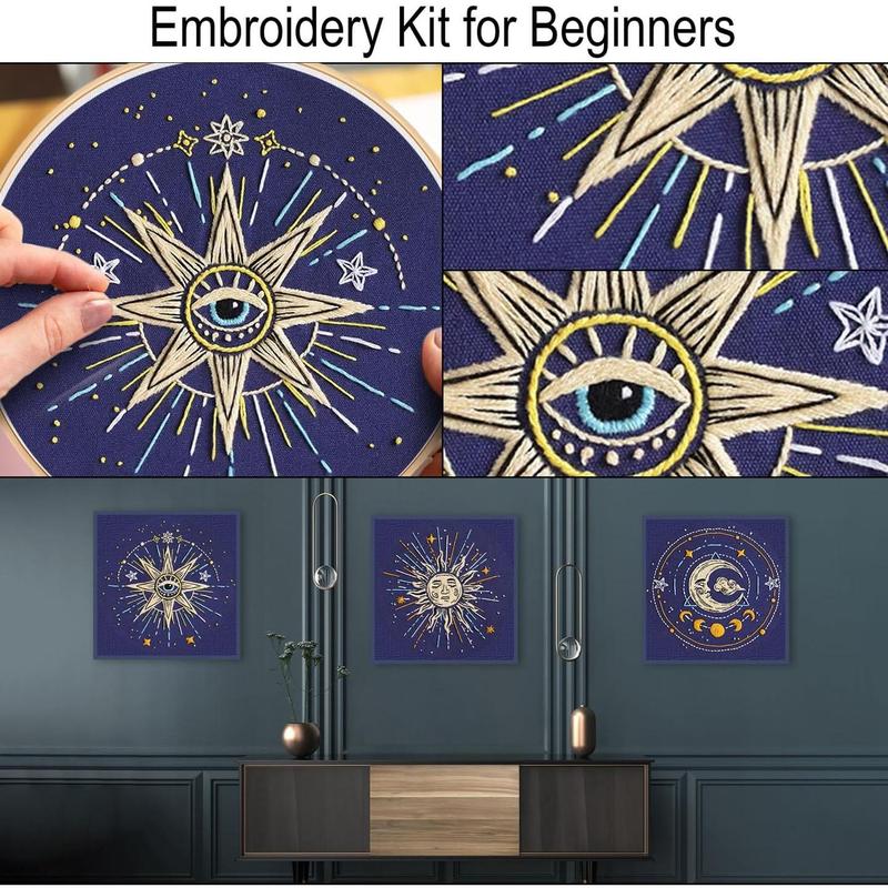 3 Set Tarot Embroidery Kits for Beginners,Cross Stitch Kit for Adults,Starters DIY Needlepoint Kits Including Embroidery Cloth with Sun Moon Star Evil Eye Pattern and Instructions