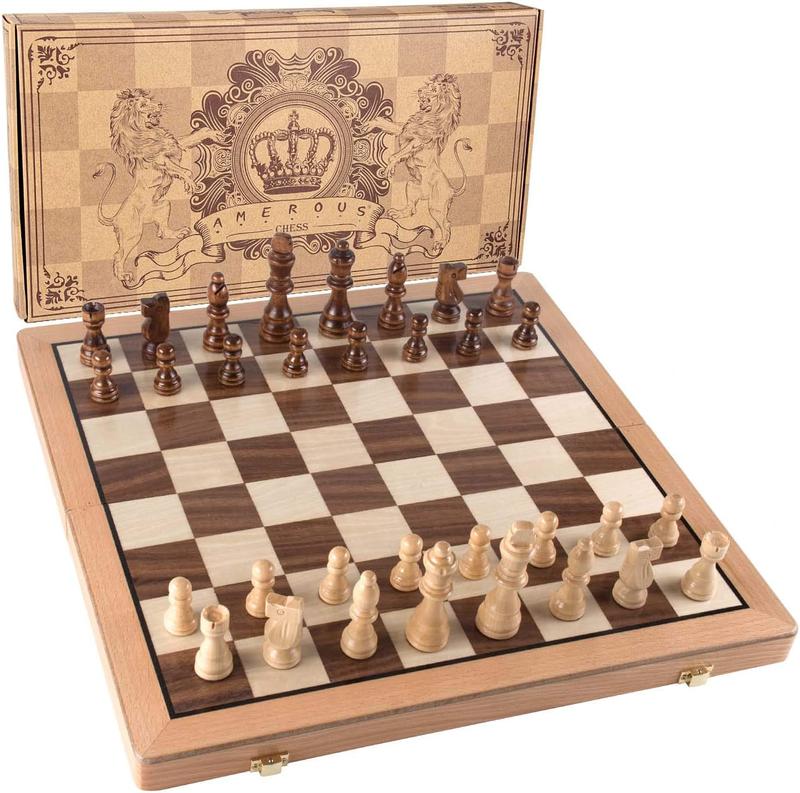 AMEROUS Magnetic Wooden Chess Set, 15 Inches Handmade Wooden Folding Travel Chess Board Game Sets with Chessmen Storage Slots for Kids and Adults, 2 BONUS Extra Queens, Gift Box Packed