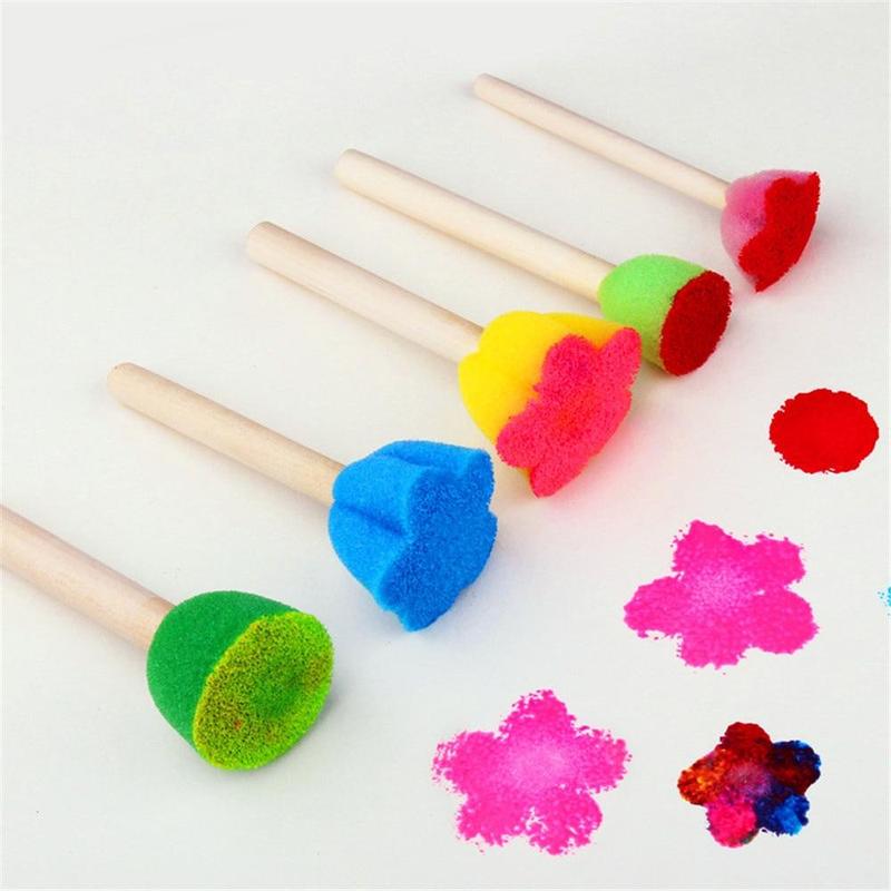 5pcs set Random Color Kids Sponge Stamp Brush Kit, Paint Learning Sponge Brush, Print Pattern Brushes with Wooden Handle