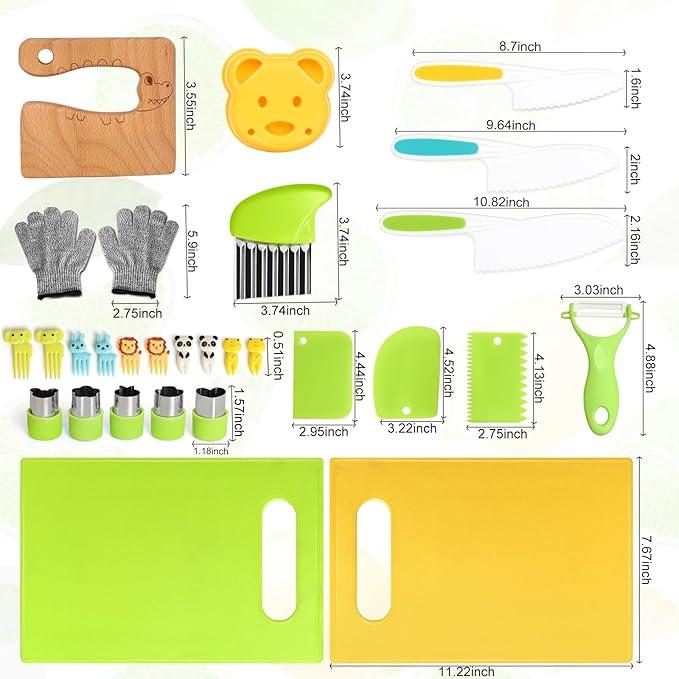 Kids Knife Set For Real Cooking, Kids Kitchen Knives with Cutting Board Crinkle Cutters Food Conversion Chart & Cleaning Tools, Christmas Birthday Gifts Toddler Toys for Girls Boy Age 2-10 cutting board kitchen tool montessori kid montessori  cooking