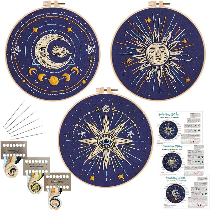 3 Set Tarot Embroidery Kits for Beginners,Cross Stitch Kit for Adults,Starters DIY Needlepoint Kits Including Embroidery Cloth with Sun Moon Star Evil Eye Pattern and Instructions