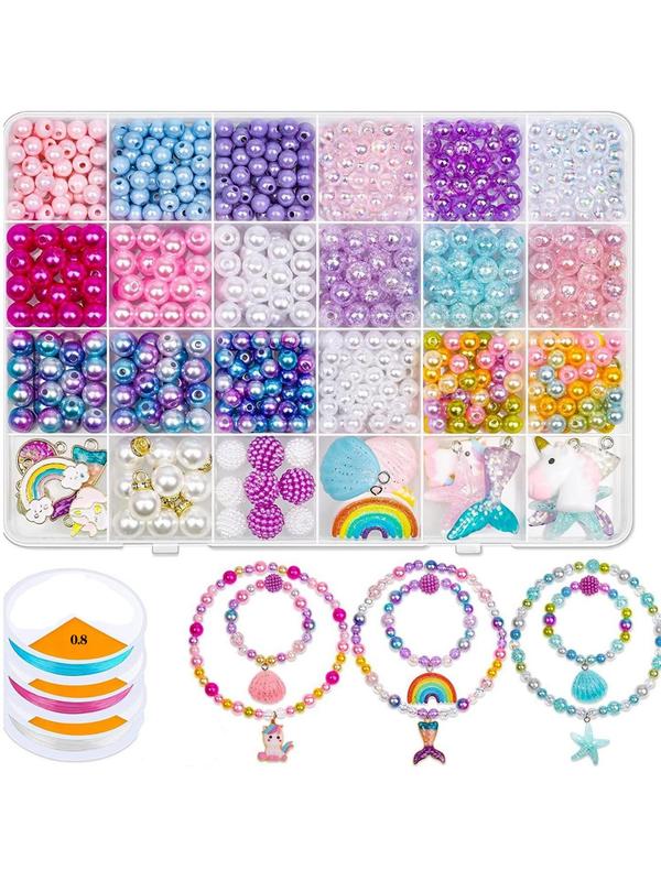 Mermaid Tail & Rainbow & Scallop & Unicorn Charm DIY Beads for Jewelry Making, DIY Bracelet Making Beads & Elastic Strings, Beading Kit for Kids for Birthday Gift