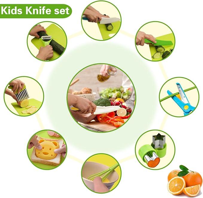 Kids Knife Set For Real Cooking, Kids Kitchen Knives with Cutting Board Crinkle Cutters Food Conversion Chart & Cleaning Tools, Christmas Birthday Gifts Toddler Toys for Girls Boy Age 2-10 cutting board kitchen tool montessori kid montessori  cooking