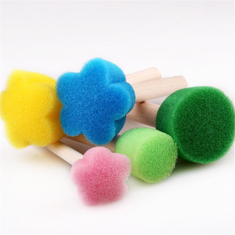 5pcs set Random Color Kids Sponge Stamp Brush Kit, Paint Learning Sponge Brush, Print Pattern Brushes with Wooden Handle