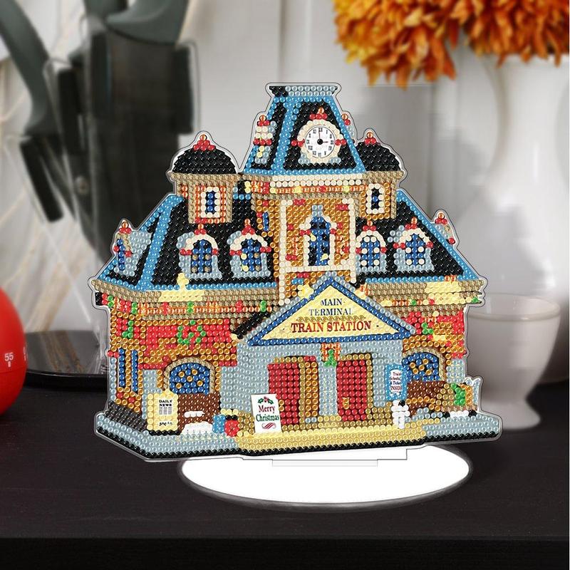 5D Diamonds Art Painting Kit (1 Box), Holiday House Shaped DIY Acrylic Decoration with Box & Accessories, DIY Craft for Home & Office Decoration