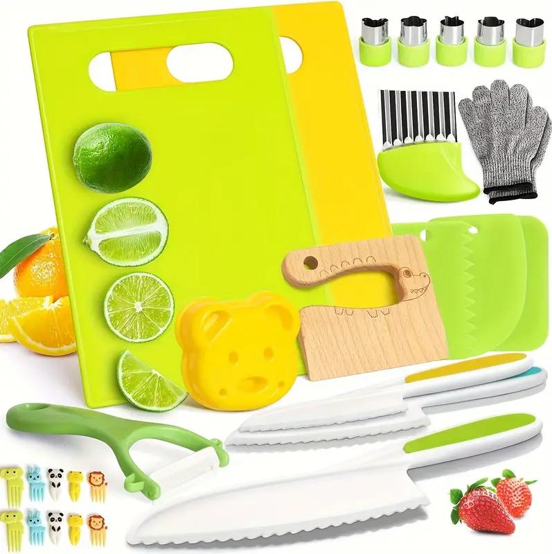 Kids Knife Set For Real Cooking, Kids Kitchen Knives with Cutting Board Crinkle Cutters Food Conversion Chart & Cleaning Tools, Christmas Birthday Gifts Toddler Toys for Girls Boy Age 2-10 cutting board kitchen tool montessori kid montessori  cooking