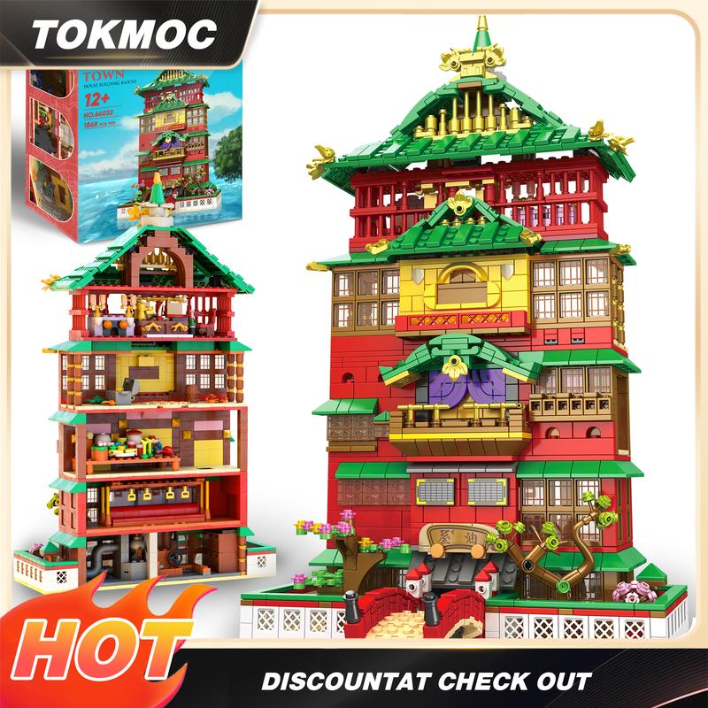 66032,1868 Pieces,5-Story Oilhouse Style Architecture Building Block Set With Bridge connection, BathHouse Street view shop,Collecting and Gifting Model for Anime fans,Home and Bookshelf Decoration,For aged 12 and above,Stress relief toy game fan