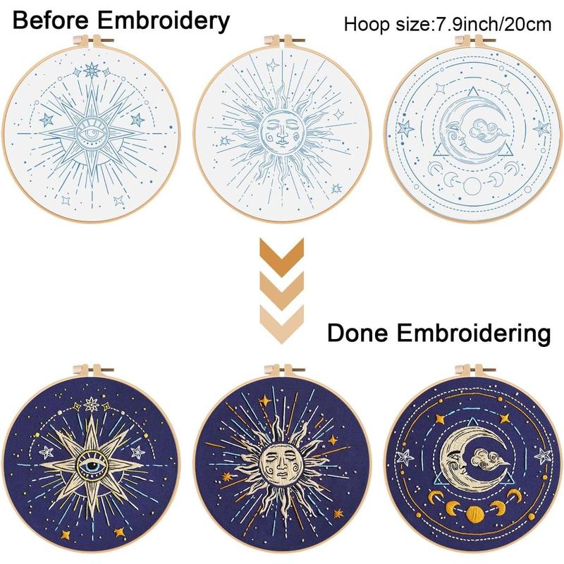 3 Set Tarot Embroidery Kits for Beginners,Cross Stitch Kit for Adults,Starters DIY Needlepoint Kits Including Embroidery Cloth with Sun Moon Star Evil Eye Pattern and Instructions