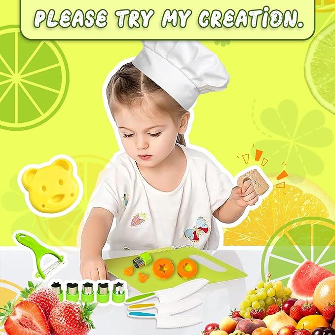 Kids Knife Set For Real Cooking, Kids Kitchen Knives with Cutting Board Crinkle Cutters Food Conversion Chart & Cleaning Tools, Christmas Birthday Gifts Toddler Toys for Girls Boy Age 2-10 cutting board kitchen tool montessori kid montessori  cooking