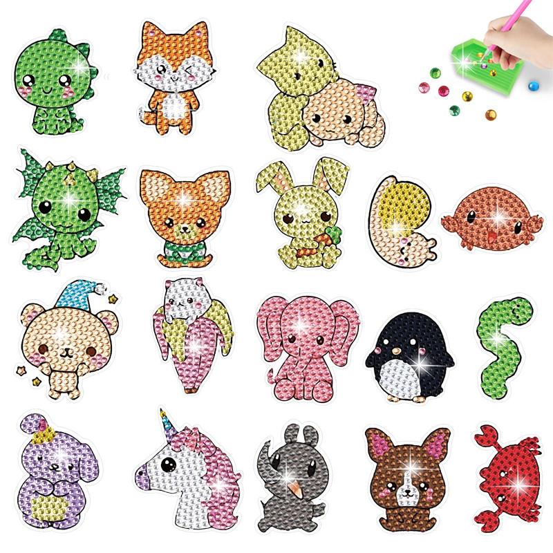 Cartoon Animals Diamond Art Painting Sticker, 18pcs set DIY Diamond Art Painting Sticker, DIY Creative Diamond Sticker For Teenager & Adults Beginners