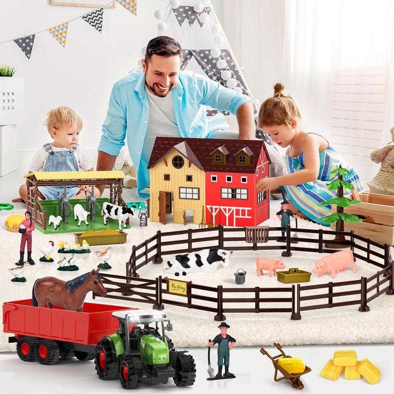 Farm Animals Barn House Toys - Kids Tractor Toy with Lights & Sound, Horse Stable, Cowshed, Chicken Fence, Animal, Farm Accessories, Easter Birthday Gifts for Boys Toddlers Ages 3+