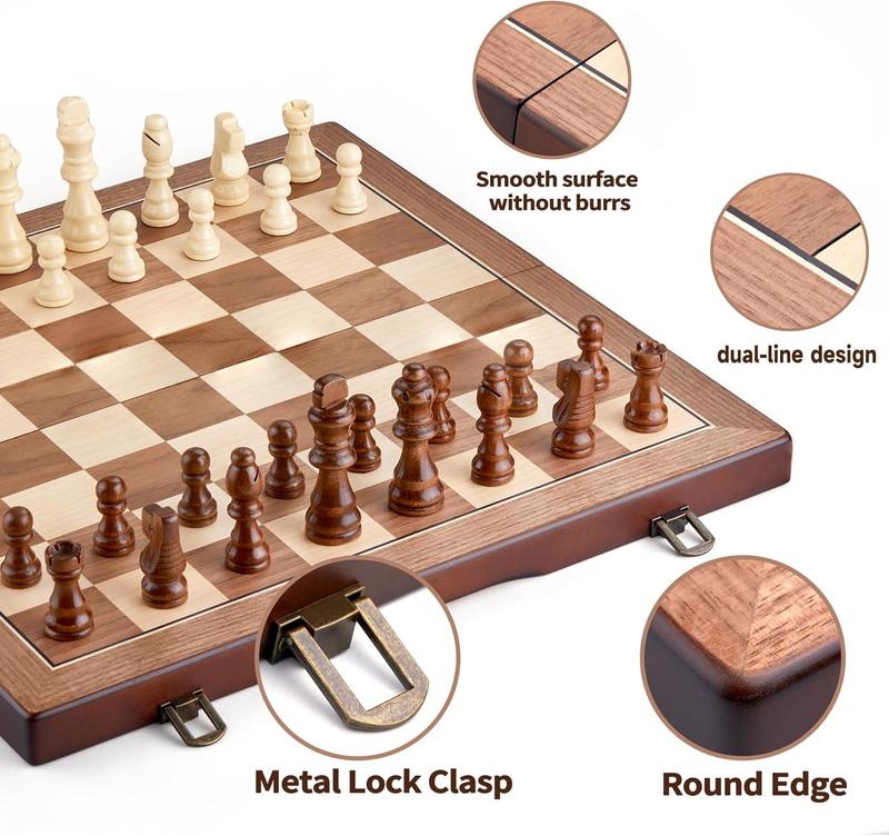 15 inch Magnetic Chess Set Wooden Folding Chessboard with 34 Chess Pieces Including 2 Extra Queens Travel Chess Game for Adults Kids Tournament