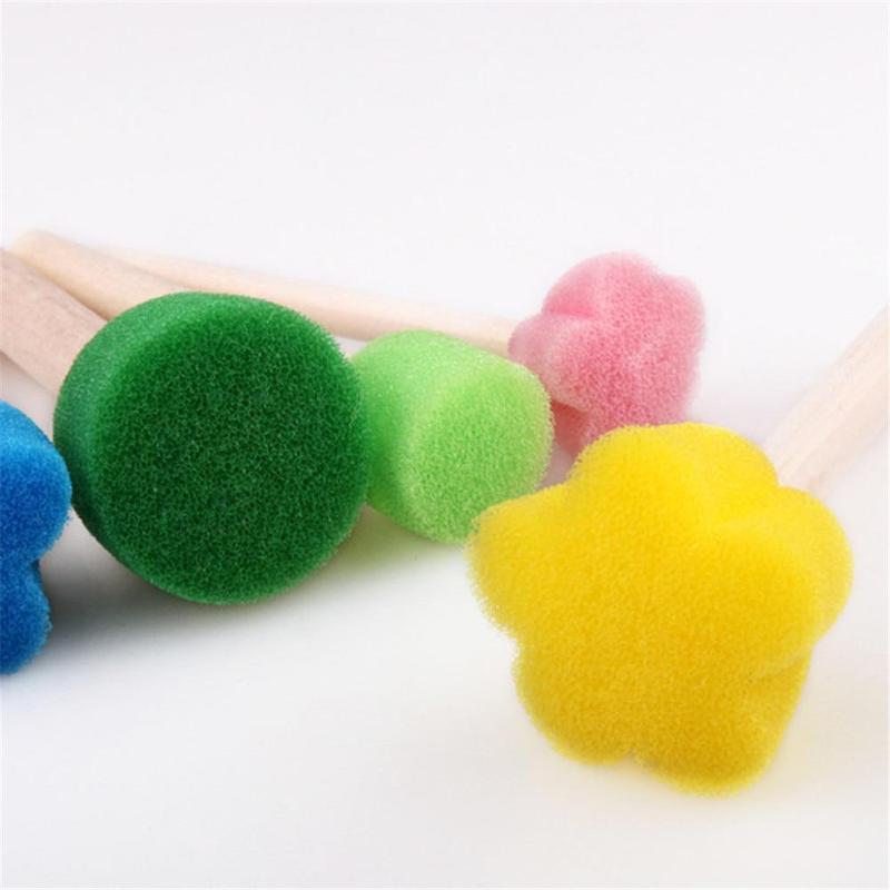 5pcs set Random Color Kids Sponge Stamp Brush Kit, Paint Learning Sponge Brush, Print Pattern Brushes with Wooden Handle