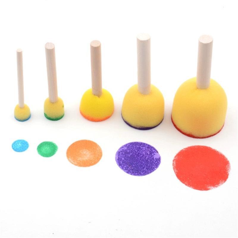 5pcs set Random Color Kids Sponge Stamp Brush Kit, Paint Learning Sponge Brush, Print Pattern Brushes with Wooden Handle