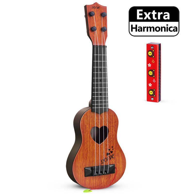 Kids Guitar Musical Toy Ukulele Classical Instrument(Brown),with Extra Harmonica 16 Holes