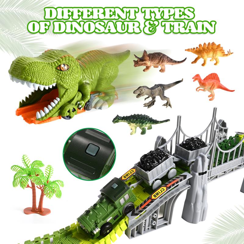 Dinosaur Toys Race Car Track,144 PCS Flexible Train Tracks with 5 Dinosaurs Figures,Electric Race Cars Vehicle Playset Dinosaur Toy Train Set Tracks (Classic Edition)