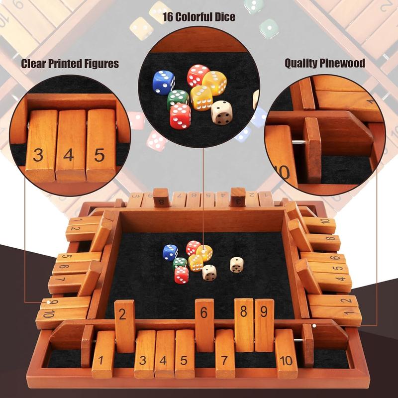 4 Players Shut The Box Dice Games, Wooden Board Table Math Game with 12 Dice and Instructions, Classics Close The Box Board Game for Adults Kids, Family Classroom Home or Bar