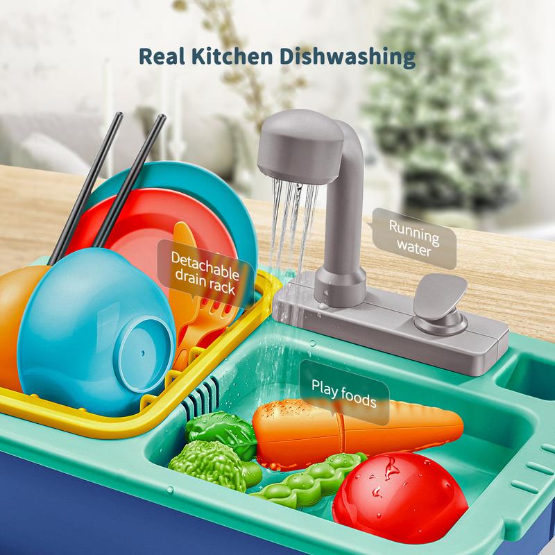 Geyiie Play Sink with Running Water, Kitchen Sink Toys for Kids Toddlers Pets with Automatic Water Cycle System, Cutting Food, Tableware Accessories, Pretend Role Playset Gift Toys for Girls Boys