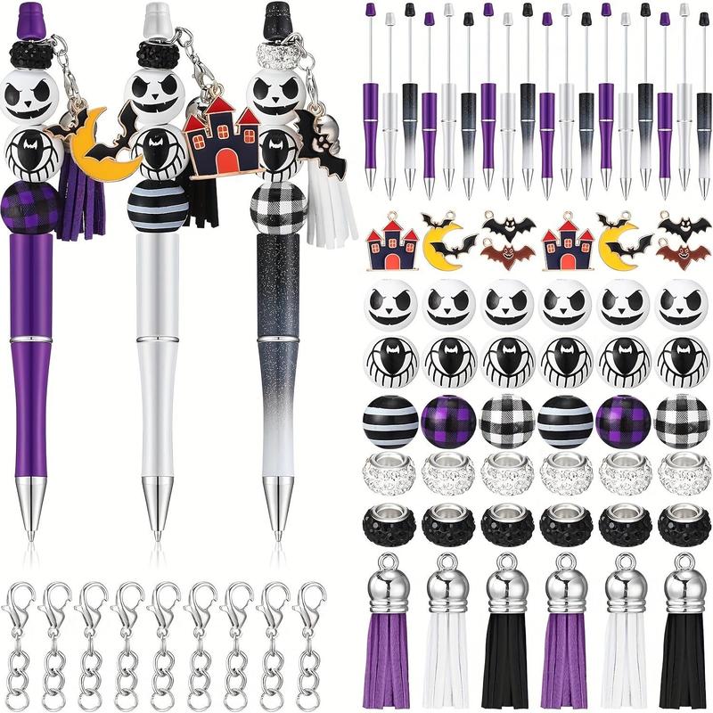 Pumpkin Head Pattern Bead Pen Set (72pcs set), DIY Bead Pen Making Kit, DIY Jewelry Making Supplies for Holiday Party, Office Stationery & Supplies, Birthday Gifts