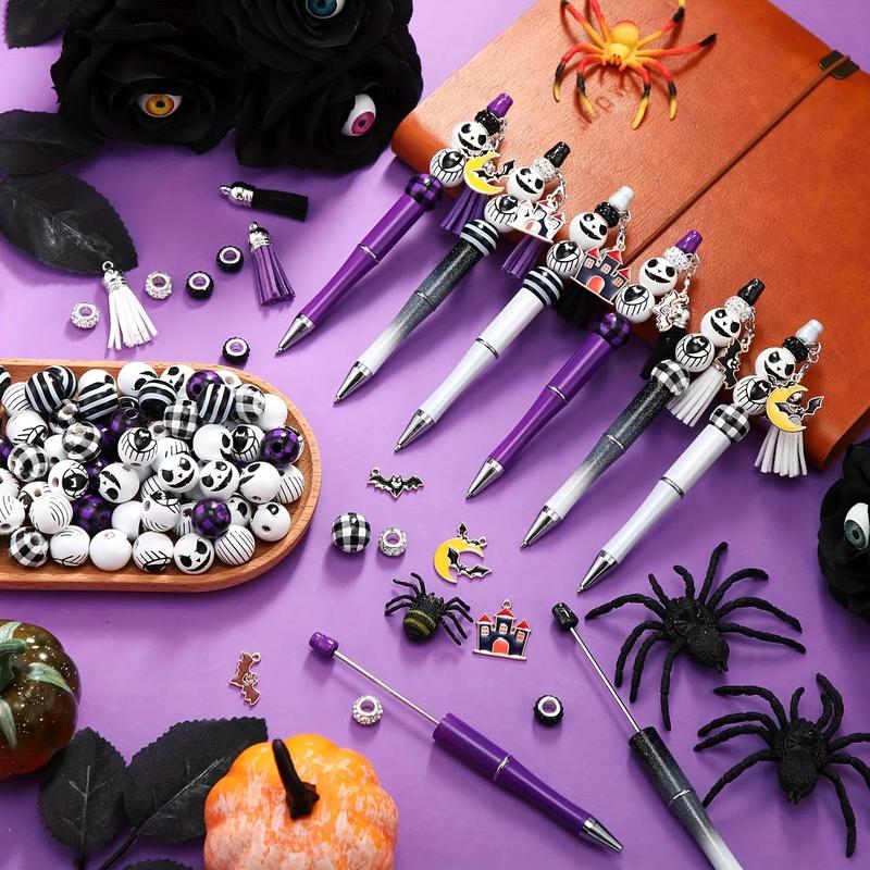 Pumpkin Head Pattern Bead Pen Set (72pcs set), DIY Bead Pen Making Kit, DIY Jewelry Making Supplies for Holiday Party, Office Stationery & Supplies, Birthday Gifts