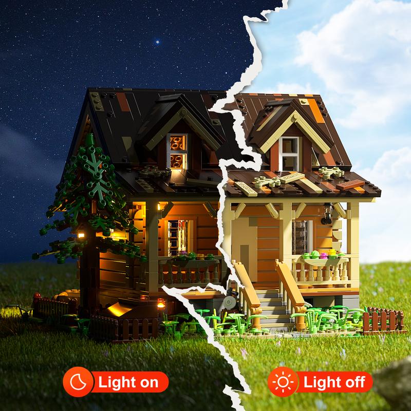 FUNWHOLE Wood-Cabin Building Set with LED Lights - Construction Building Model Set 2097 PCS for Teen and Adults with LED Lighting Kit