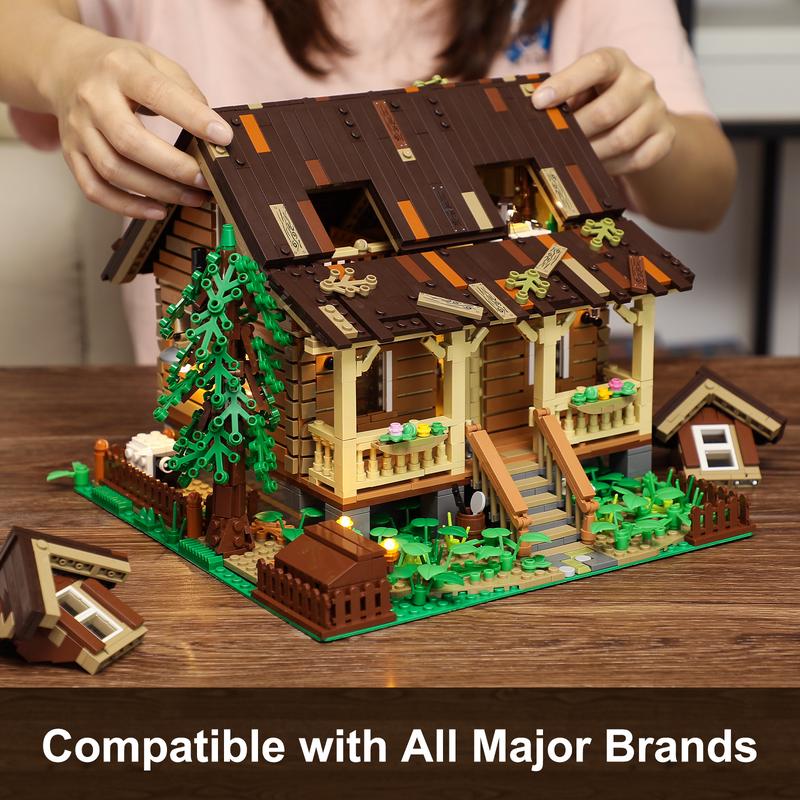 FUNWHOLE Wood-Cabin Building Set with LED Lights - Construction Building Model Set 2097 PCS for Teen and Adults with LED Lighting Kit