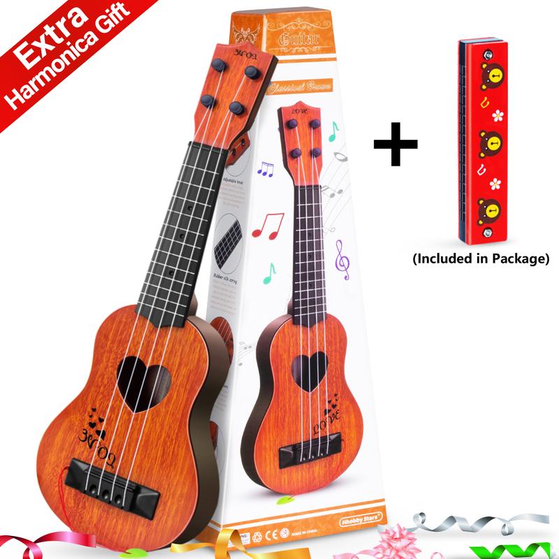 Kids Guitar Musical Toy Ukulele Classical Instrument(Brown),with Extra Harmonica 16 Holes