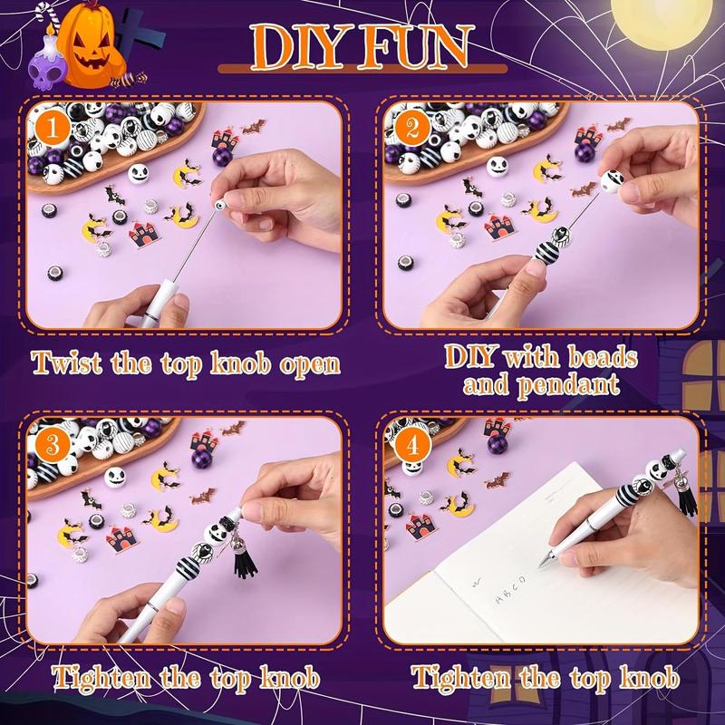 Pumpkin Head Pattern Bead Pen Set (72pcs set), DIY Bead Pen Making Kit, DIY Jewelry Making Supplies for Holiday Party, Office Stationery & Supplies, Birthday Gifts