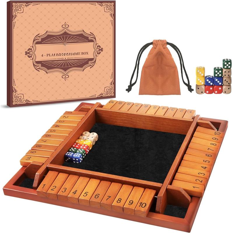 4 Players Shut The Box Dice Games, Wooden Board Table Math Game with 12 Dice and Instructions, Classics Close The Box Board Game for Adults Kids, Family Classroom Home or Bar