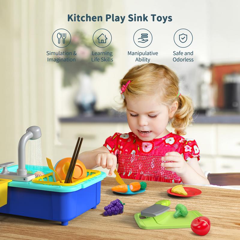 Geyiie Play Sink with Running Water, Kitchen Sink Toys for Kids Toddlers Pets with Automatic Water Cycle System, Cutting Food, Tableware Accessories, Pretend Role Playset Gift Toys for Girls Boys