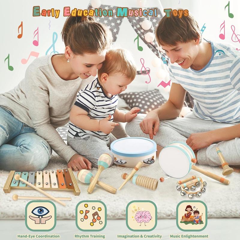 Toddler Musical Instruments-Musical Toys Wooden Toys for Toddlers 1-3 , Baby Musical Instruments with Modern Boho Xylophone Toddler Toys with Storage Bag for Kids Preschool Educational 3+