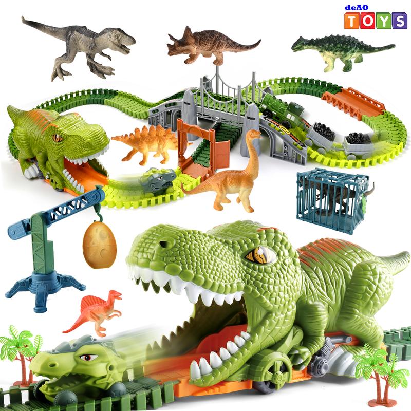 Dinosaur Toys Race Car Track,144 PCS Flexible Train Tracks with 5 Dinosaurs Figures,Electric Race Cars Vehicle Playset Dinosaur Toy Train Set Tracks (Classic Edition)