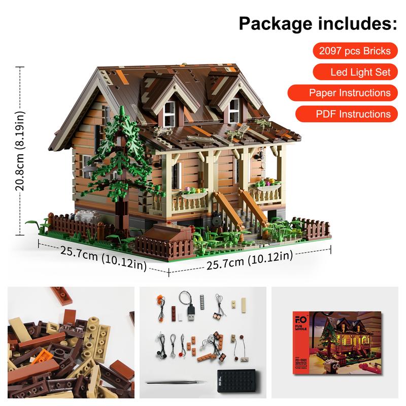 FUNWHOLE Wood-Cabin Building Set with LED Lights - Construction Building Model Set 2097 PCS for Teen and Adults with LED Lighting Kit