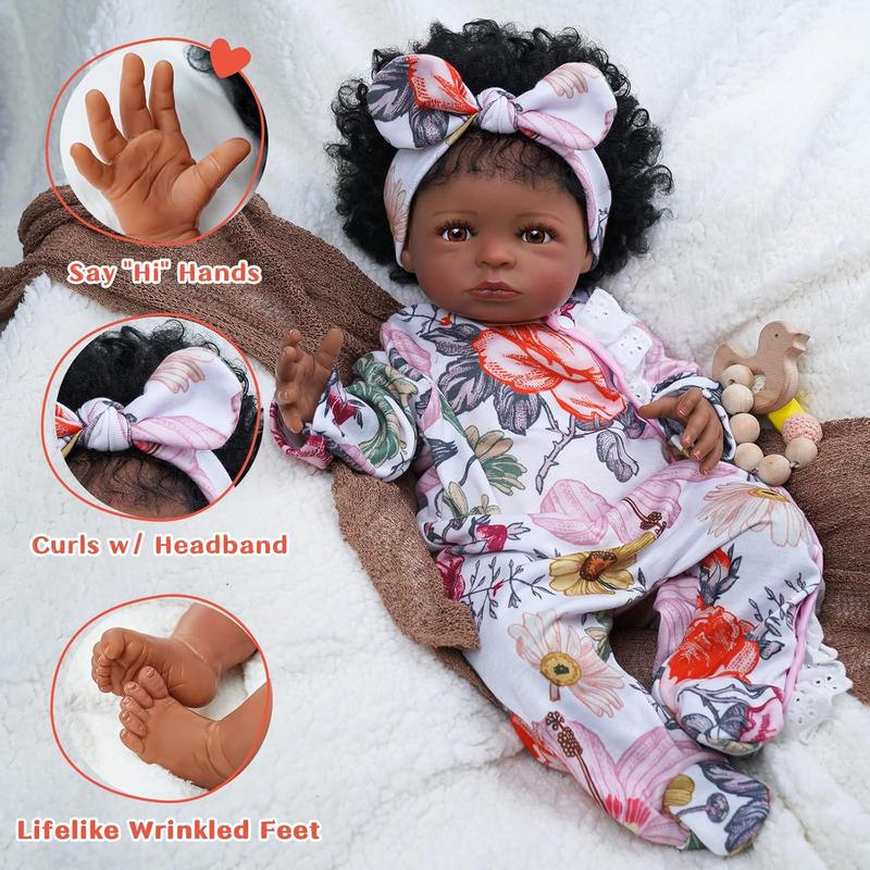 BABESIDE Lifelike Reborn Black Girl- 18-Inch Realistic Newborn Real Life Baby Dolls with Clothes and Toy Gift for Kids Age 3+ - Sandy