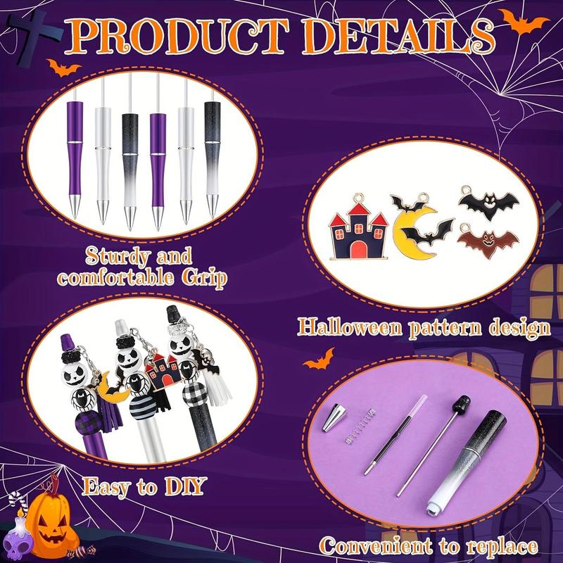 Pumpkin Head Pattern Bead Pen Set (72pcs set), DIY Bead Pen Making Kit, DIY Jewelry Making Supplies for Holiday Party, Office Stationery & Supplies, Birthday Gifts