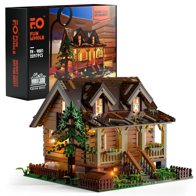 FUNWHOLE Wood-Cabin Building Set with LED Lights - Construction Building Model Set 2097 PCS for Teen and Adults with LED Lighting Kit