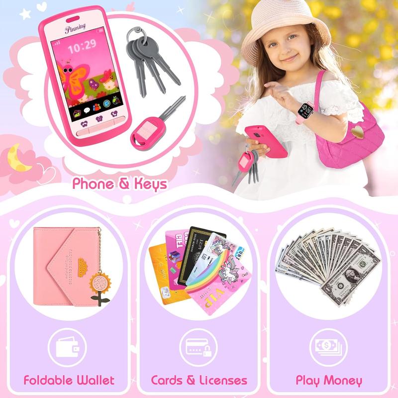 Kids Play Purse for Little Girls Toddlers, Toy Purse with Accessories, Wallet, Fake Phone, Fake Makeup Toys & Play Jewelry, Toddler Pretend Play