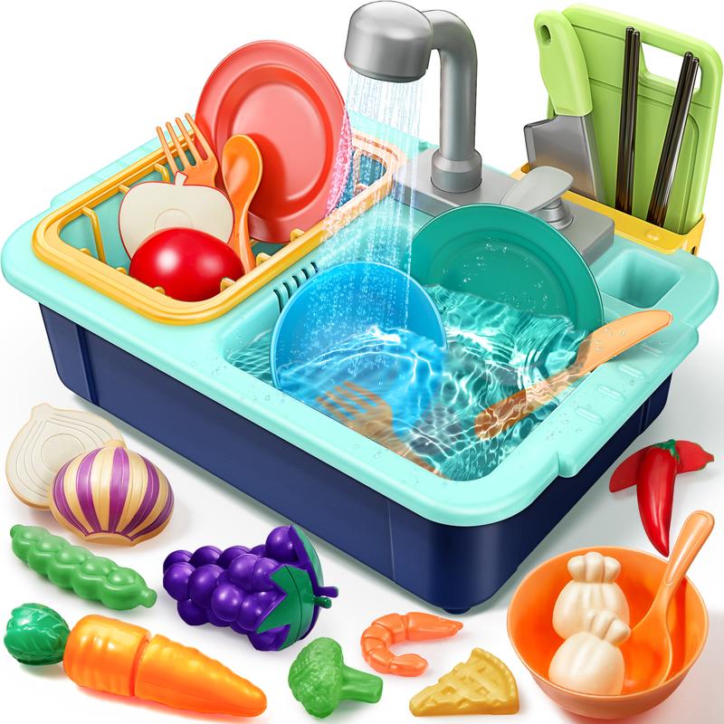 Geyiie Play Sink with Running Water, Kitchen Sink Toys for Kids Toddlers Pets with Automatic Water Cycle System, Cutting Food, Tableware Accessories, Pretend Role Playset Gift Toys for Girls Boys