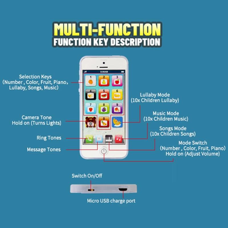 Learning Smart Phone Toy Music Lullaby Song Touch Screen Type-C Recharable Cell Phone Mobile Yphone for Toddler Baby